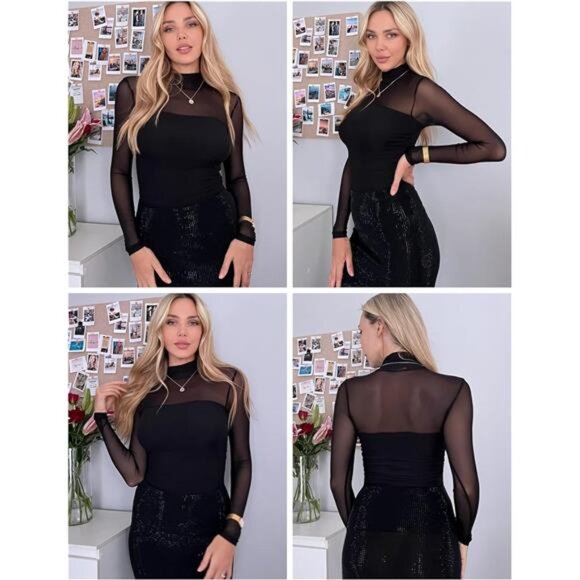 Womens Mesh Sheer Long Sleeve Top Mock Turtle Neck See Though Shirts - Picture 3 of 6